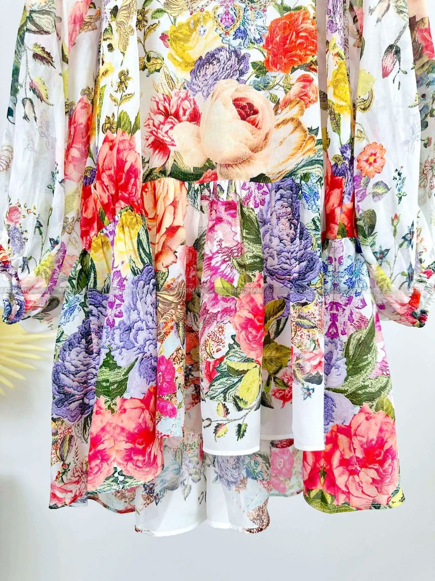 Women V Neck Crystal Beaded Long Sleeve Flower Print Low Waist 100%