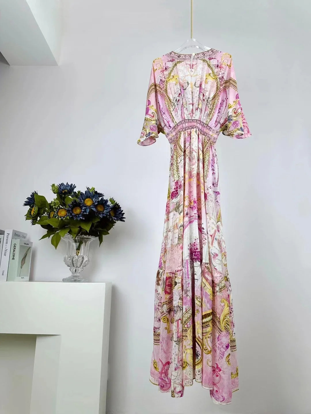 Designer Dress Women Bohemian Style V Neck Batwing Sleeve Pink Print