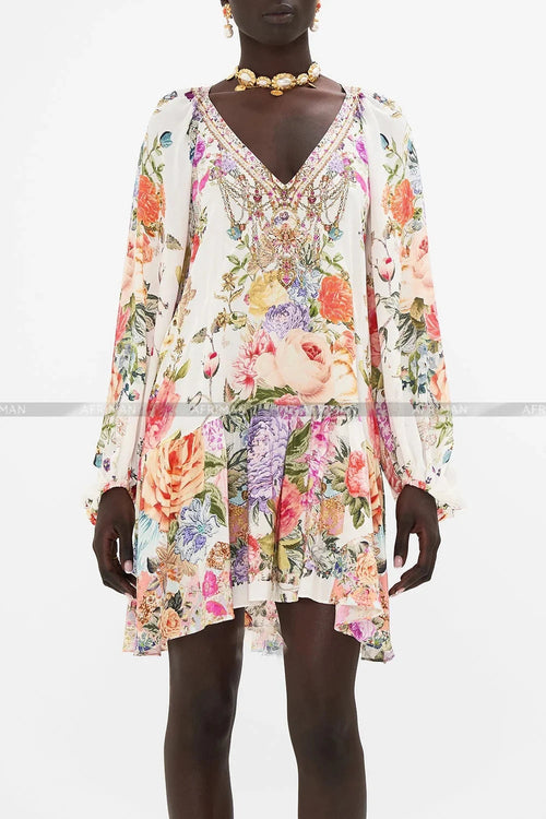 Women V Neck Crystal Beaded Long Sleeve Flower Print Low Waist 100%