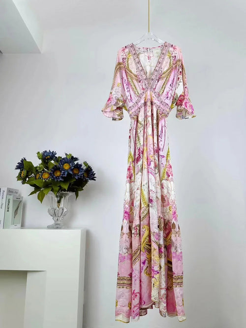 Designer Dress Women Bohemian Style V Neck Batwing Sleeve Pink Print