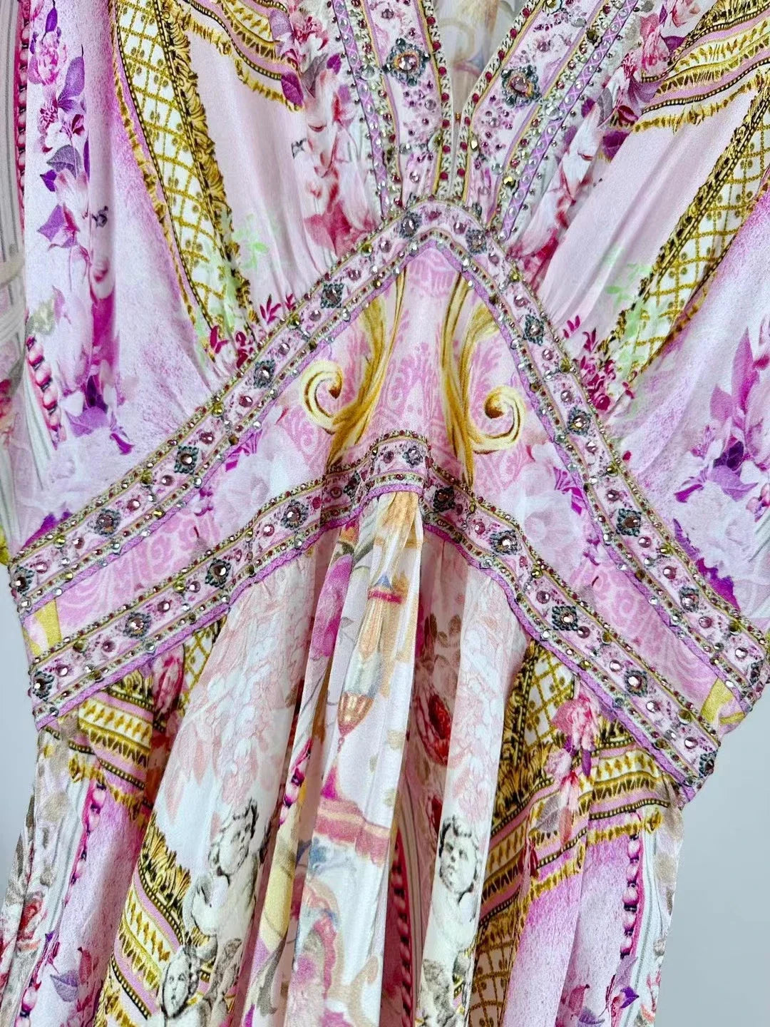 Designer Dress Women Bohemian Style V Neck Batwing Sleeve Pink Print