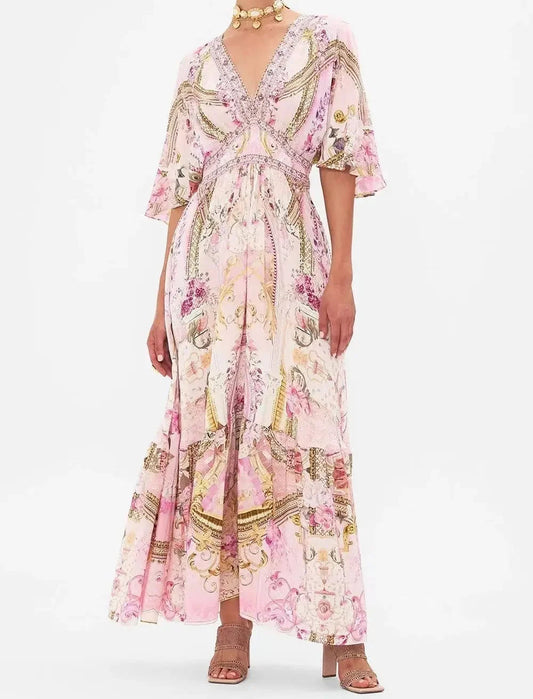 Designer Dress Women Bohemian Style V Neck Batwing Sleeve Pink Print