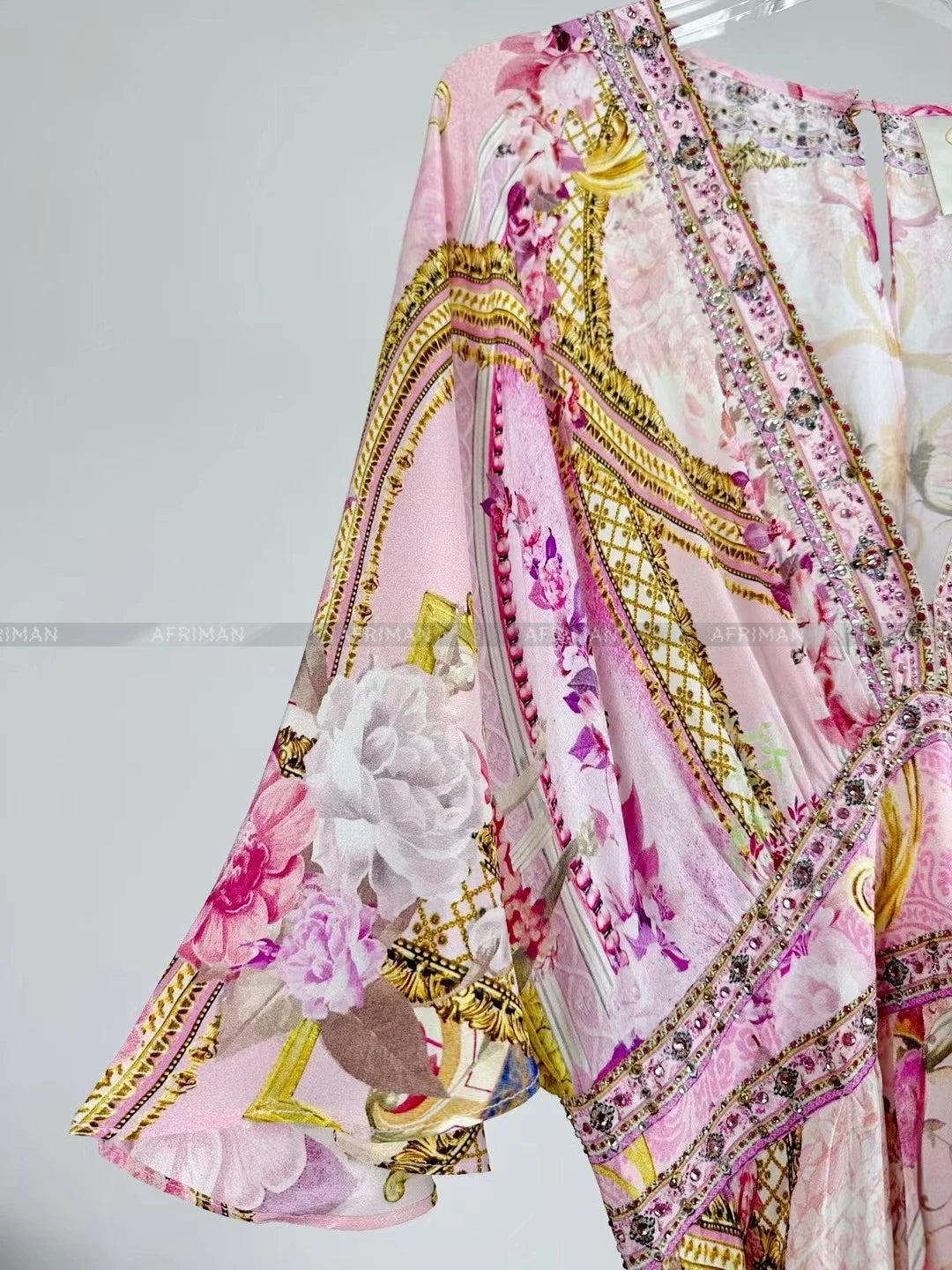 Designer Dress Women Bohemian Style V Neck Batwing Sleeve Pink Print
