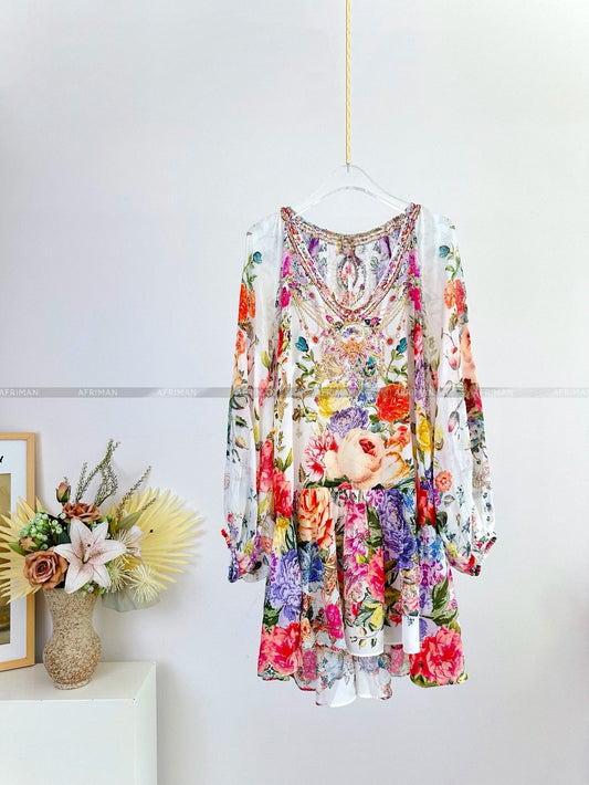 Women V Neck Crystal Beaded Long Sleeve Flower Print Low Waist 100%